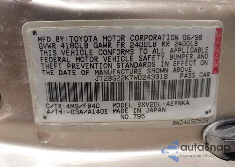 1998 Toyota Camry Le z USA, uszkodzony, nr VIN JT2BG22K7W0243918
